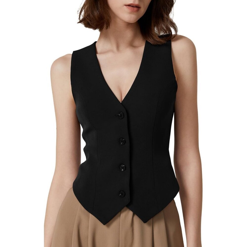 🆕Womens Black V Neck Vest Top Sleeveless Button Down Fully Lined Solid Crop Top